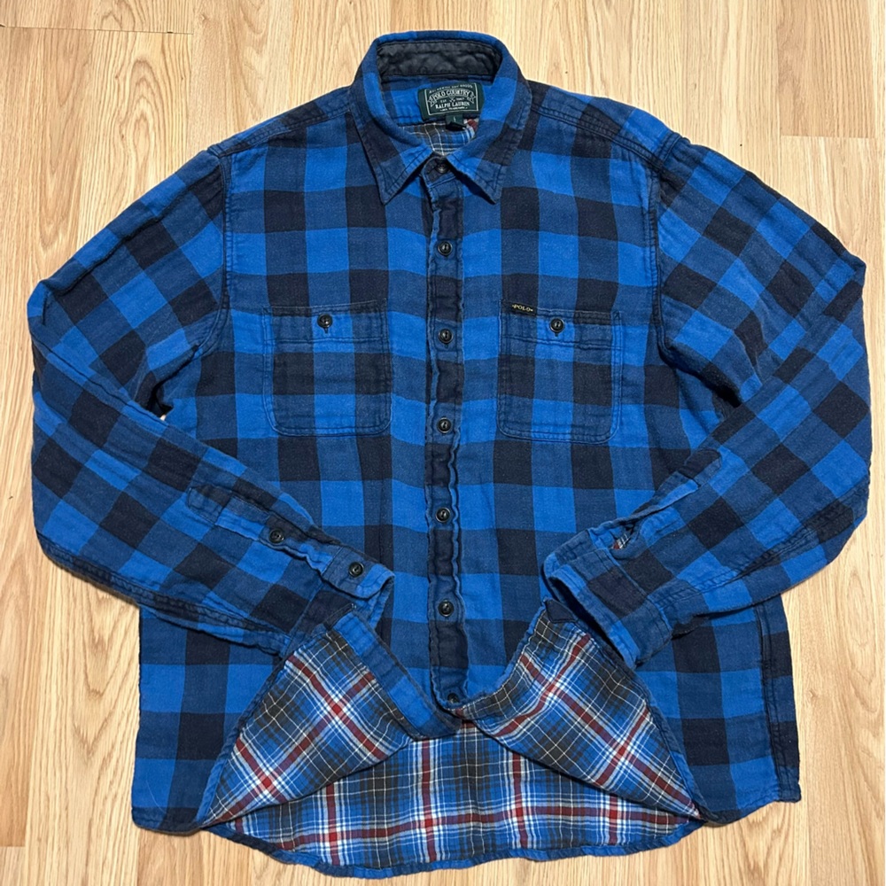 Polo Country Ralph Lauren Men’s Large Blue Black Buffalo Plaid Flannel Lined
